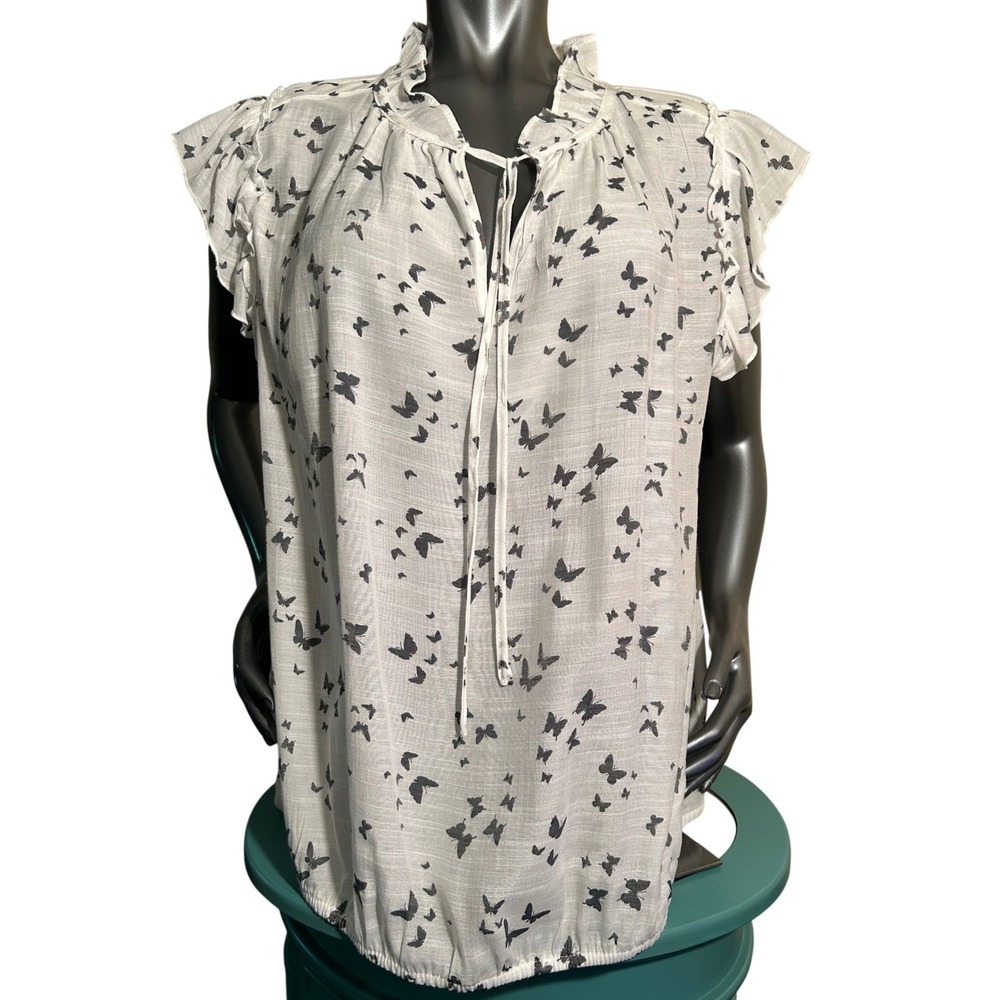 Blousology Womens Butterfly Print Blouse V-Neck Flutter Sleeve White Size 2X